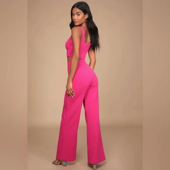 Lulus Only Tonight Hot Pink Two-Piece Wide-Leg Jumpsuit Size Medium - Picture 2 of 12